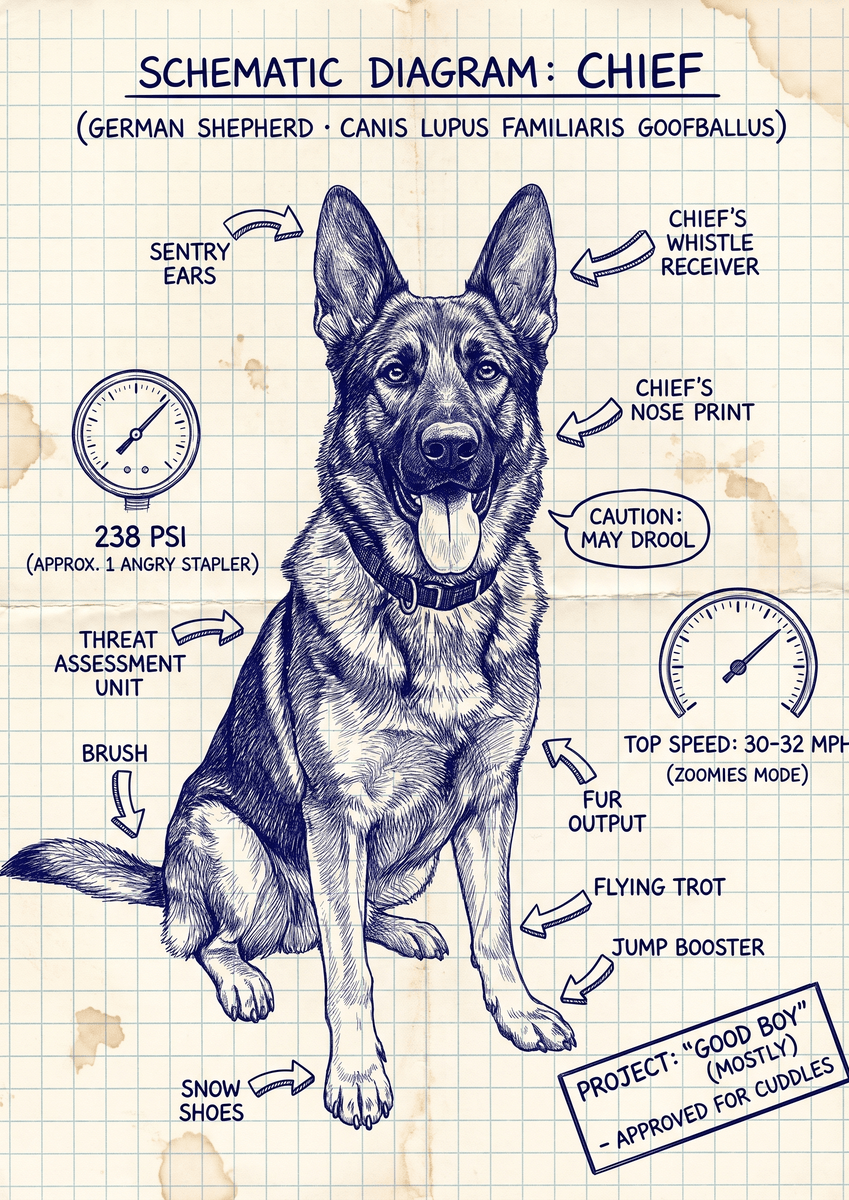 Chief, German Shepherd, a second sheet: sentry ears, a whistle receiver, a threat assessment unit and snow shoes, top speed 30 to 32 mph in zoomies mode.