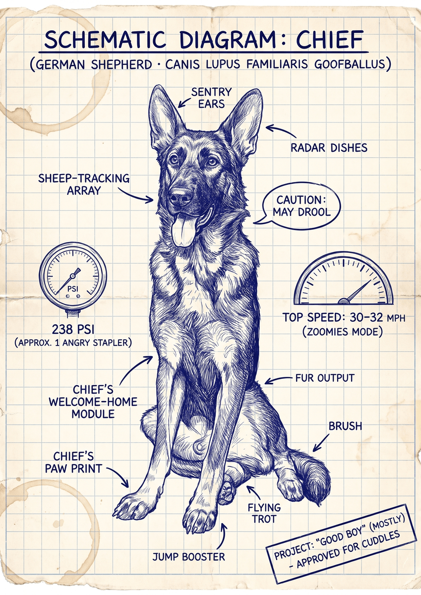 Chief, German Shepherd: schematic diagram with sentry ears, radar dishes, a sheep-tracking array and a 238 psi gauge (approx. 1 angry stapler), stamped Good boy (mostly), approved for cuddles.