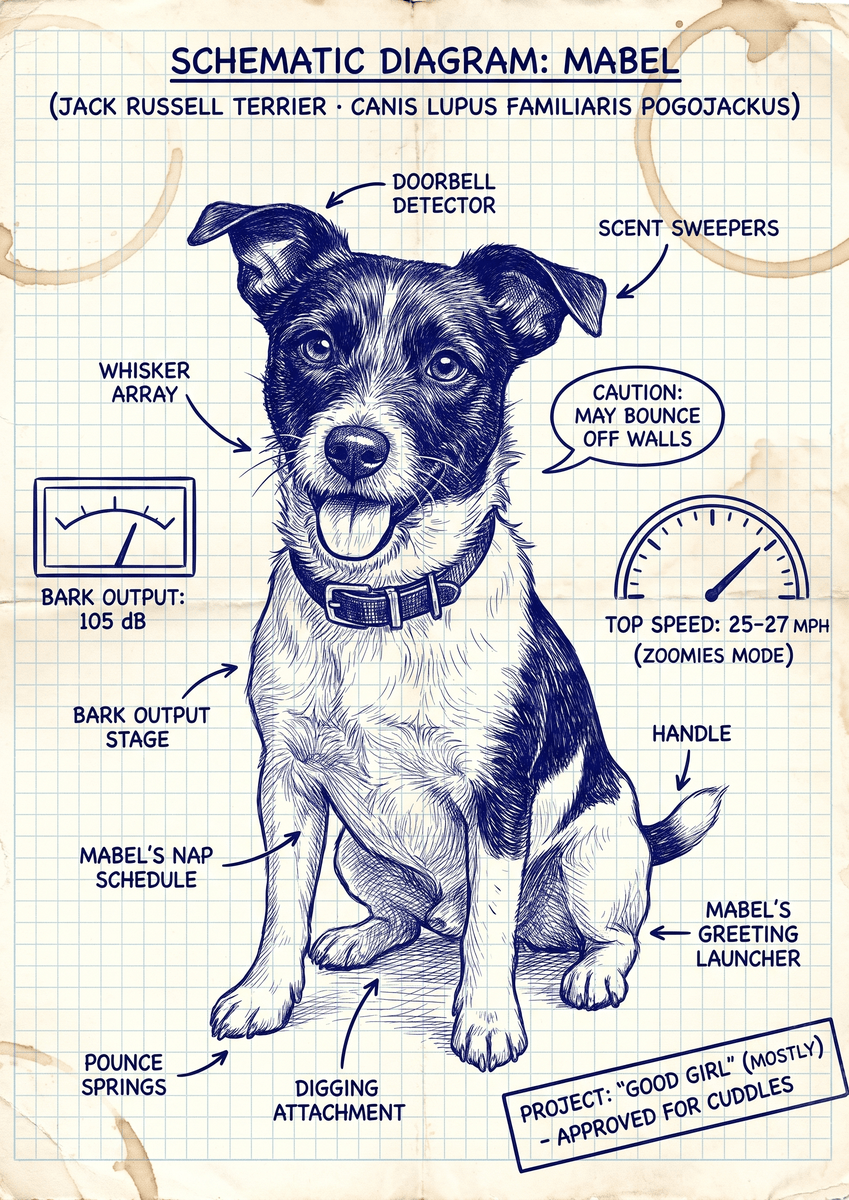Mabel, Jack Russell Terrier: schematic diagram with a doorbell detector, scent sweepers, a bark output of 105 dB and pounce springs, stamped Good girl (mostly), approved for cuddles.